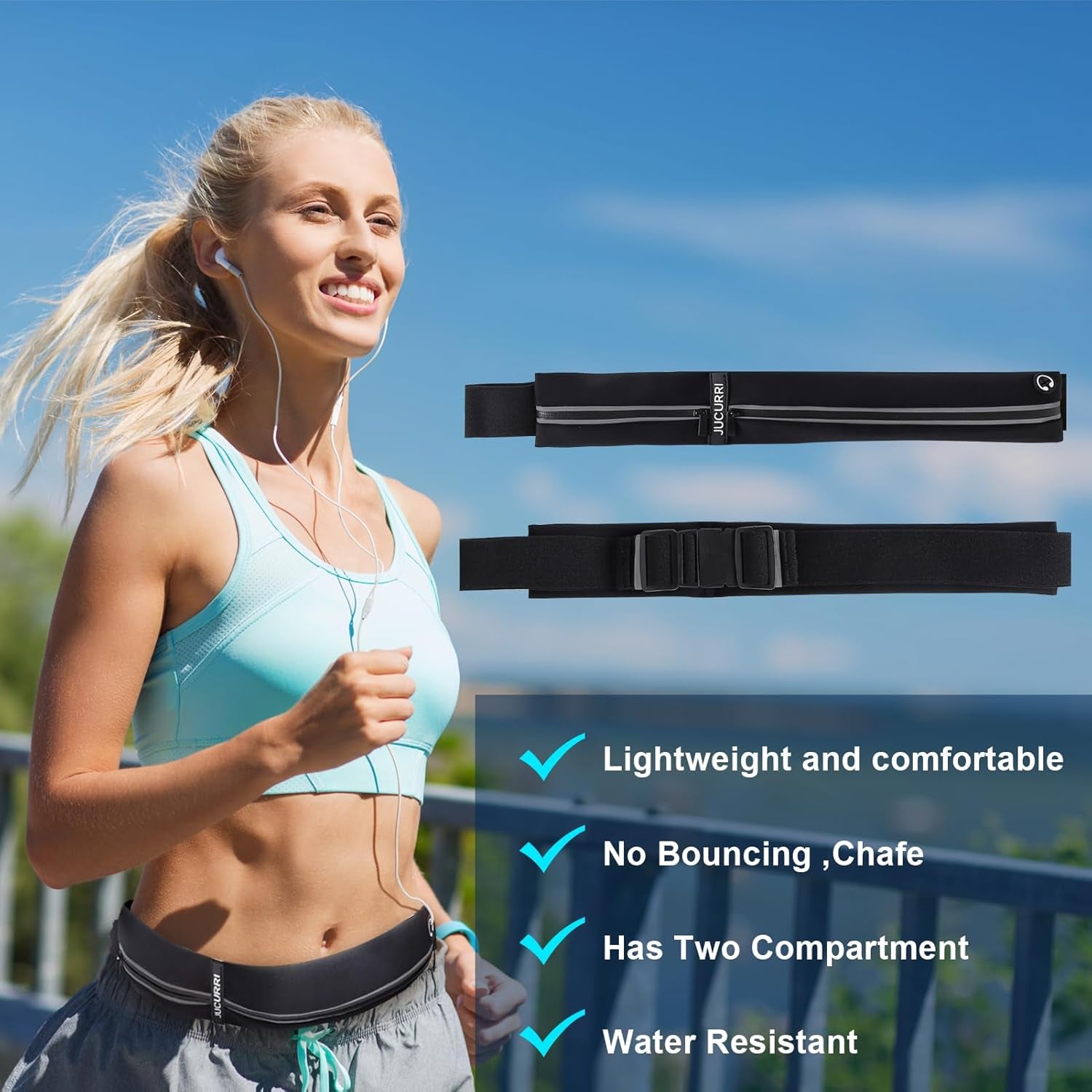 Woman wearing slim running belt during outdoor jog