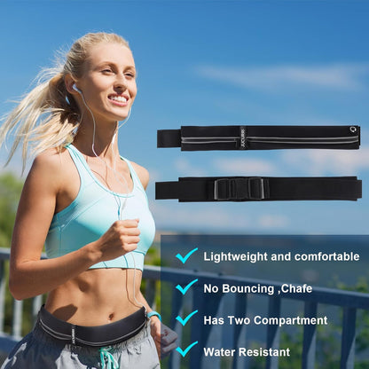 Woman wearing slim running belt during outdoor jog