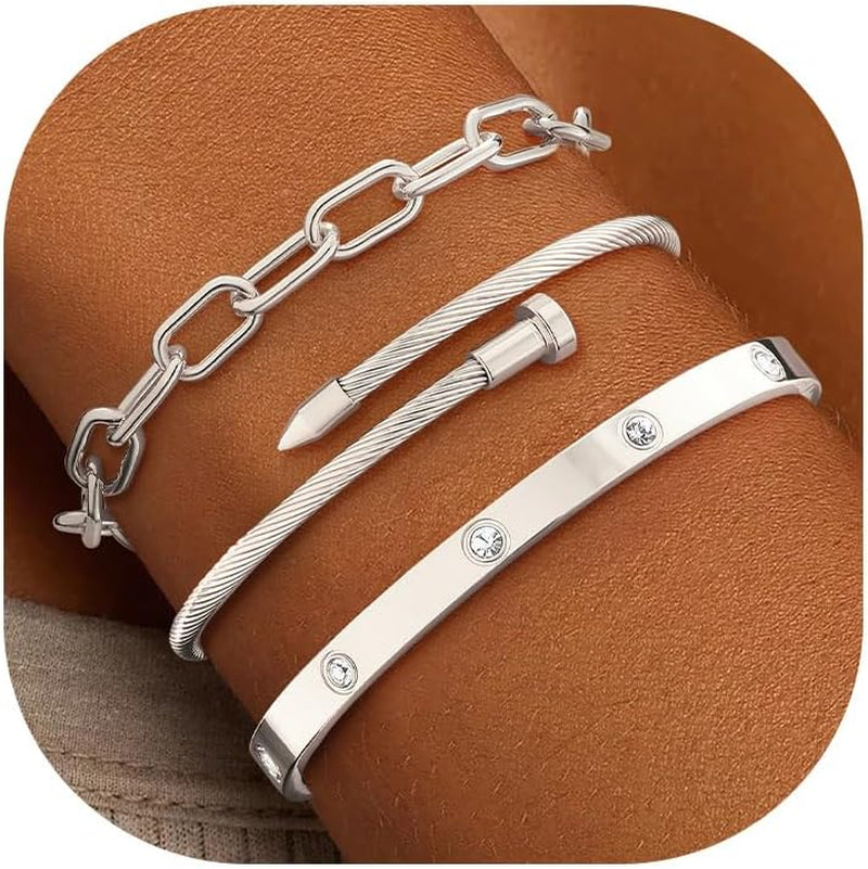 ZOERAY Silver Gold Bangle Bracelets for Women Non Tarnish 14K Gold Plated Stackable Cuff Bracelets for Women Trendy Cubic Zirconia Stainless Steel Chunky Bracelet Stack Set Waterproof Jewelry Gifts