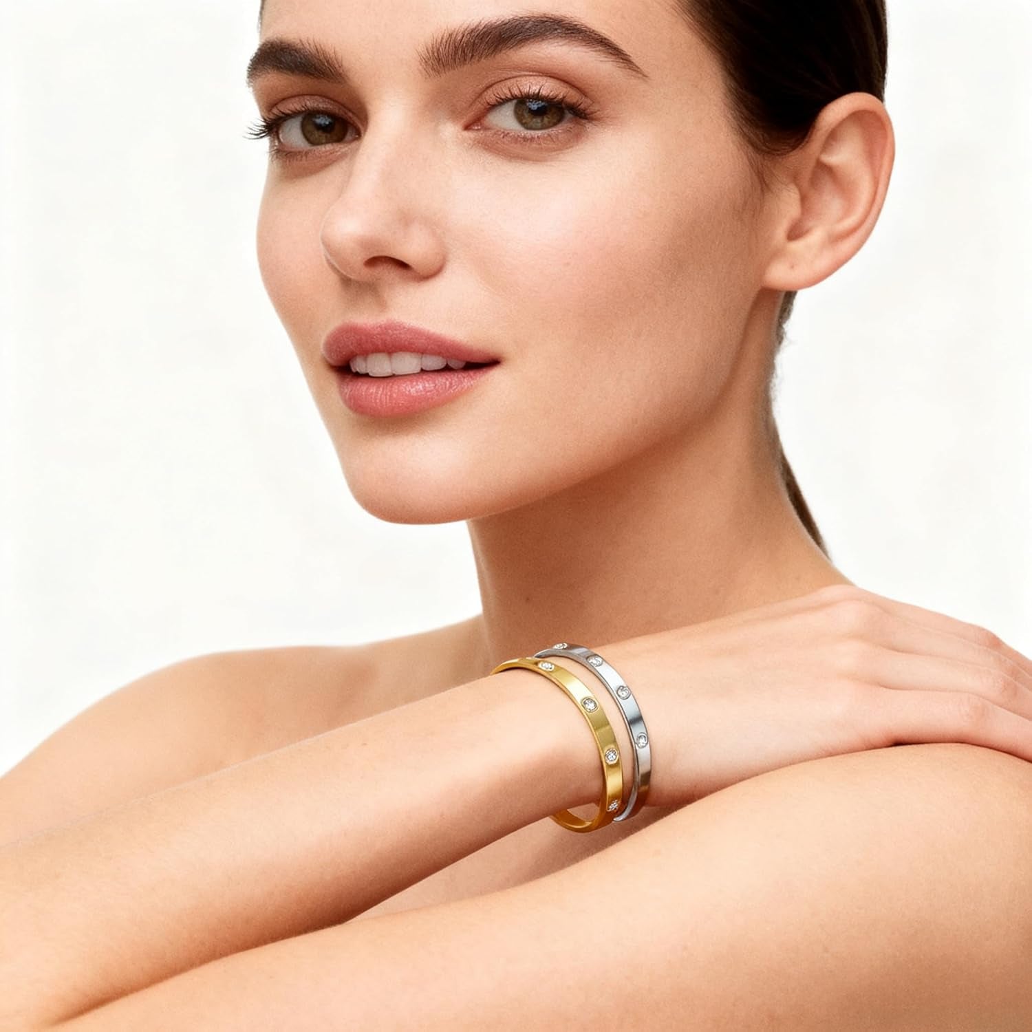 2Pcs 18K Gold-Plated Love Bangle Bracelets Set for Women, Stainless Steel Cubic Zirconia Bangle Crystal Friendship Jewelry, Easter Wedding Birthday Gifts for Girlfriend, Wife, Monther