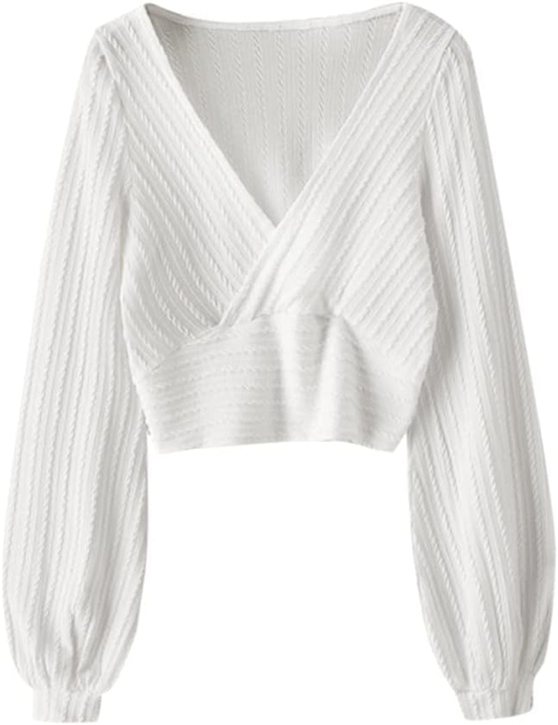 ZAFUL Women'S Pullover Ribbed Cropped Knitwear Drawstring Ruched Knitted Crop Top Solid V-Neck Long Sleeve T-Shirt