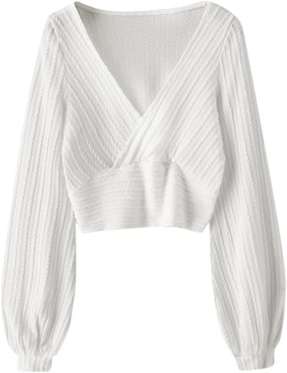 ZAFUL Women'S Pullover Ribbed Cropped Knitwear Drawstring Ruched Knitted Crop Top Solid V-Neck Long Sleeve T-Shirt