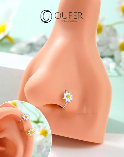 OUFER Nose Rings Hoops, 316L Surgical Steel Hinged Segment Nose Rings 20G, Silver Gold Nose Rings with Cute Daisy Design, Nose Nostril Piercing Jewelry for Women and Men