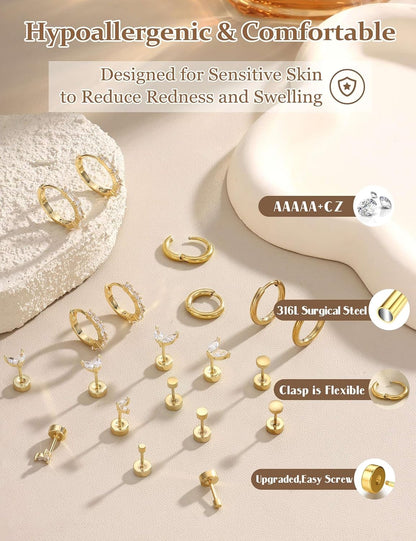 Jerywe Surgical Steel Flat Back Earrings Hypoallergenic 14K Gold Plated Cartilage Earrings for Women Trendy Small Hoop Stud Earring Stacks Flatback Stud Earring Set Helix Conch Tragus Piercing Jewelry