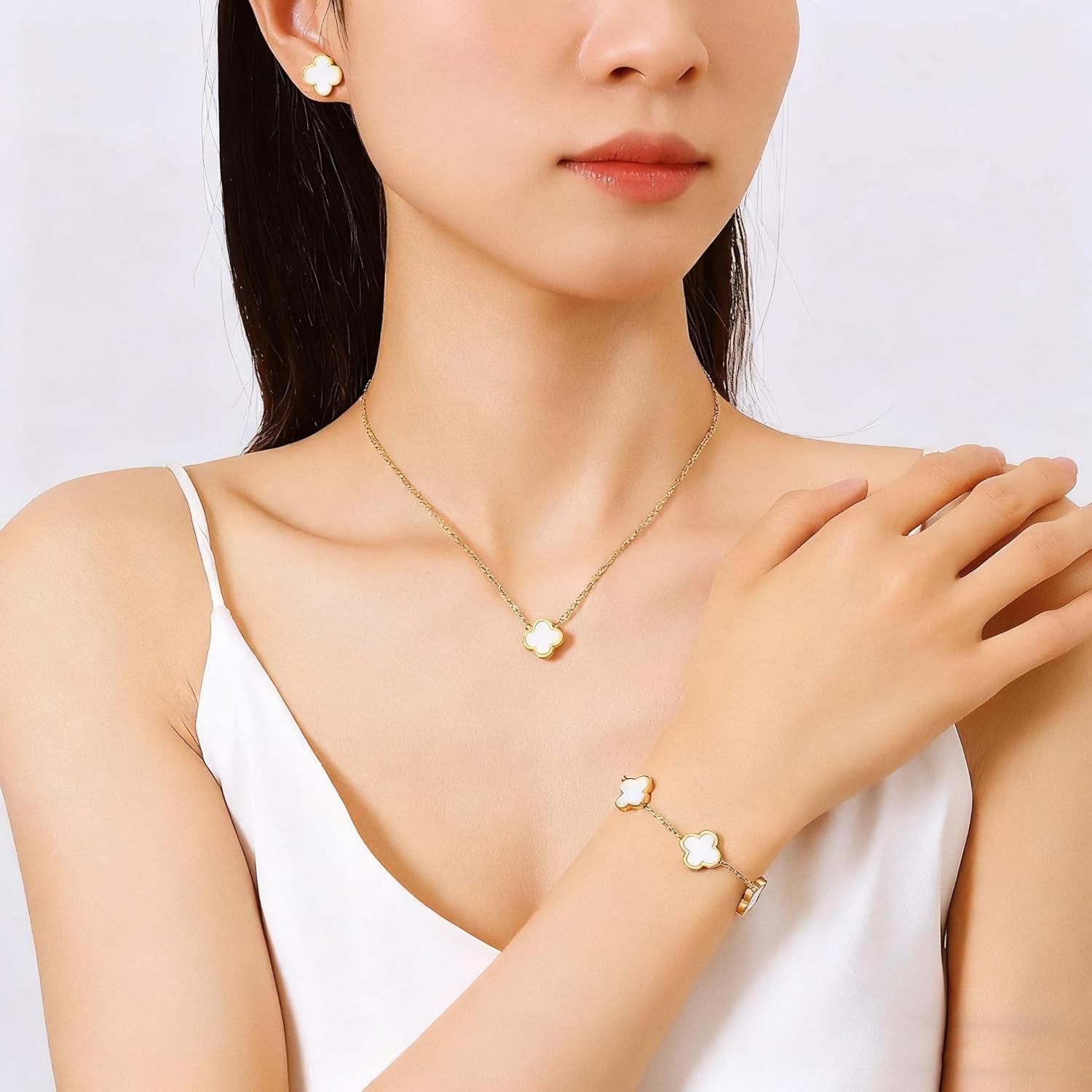 Lucky Clover Sets, 18K Gold Plated Four Leaf Necklace Pendant, Bracelet, Earrings for Women Flower Link Bracelets Set Jewelry Gifts for Women