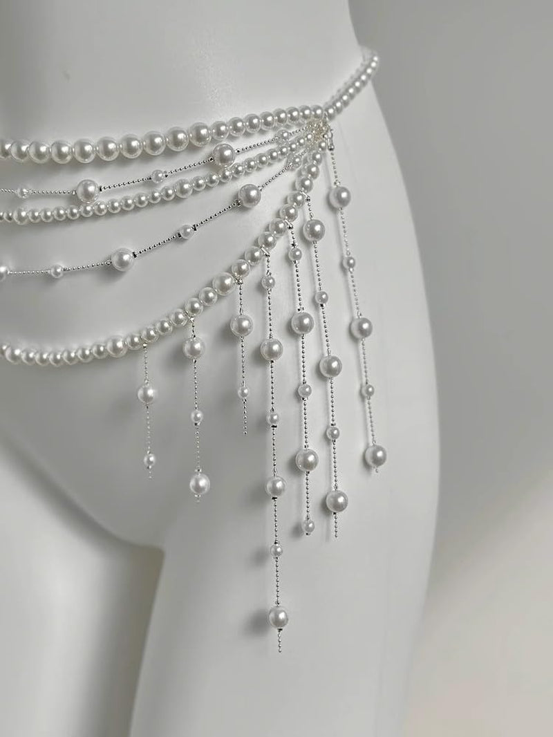 Pearl Tassel Wasit Chain for Women Body Chain Multi-Layer White Pearl Tassel Belly Chain Belts for Women Long Tassel Pendant Layered Pearls Belt for Dresses Wedding Bridal Rave Body Jewelry Accessories