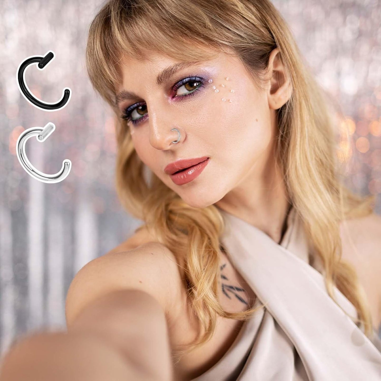 Fake Lip Ring, 12 Pcs Stainless Steel Fake Lip Piercing 8Mm Faux Nose Rings Clip on Nose Ring Ear Cuffs Non Piercing Jewelry for Women Men (Silver, Black)