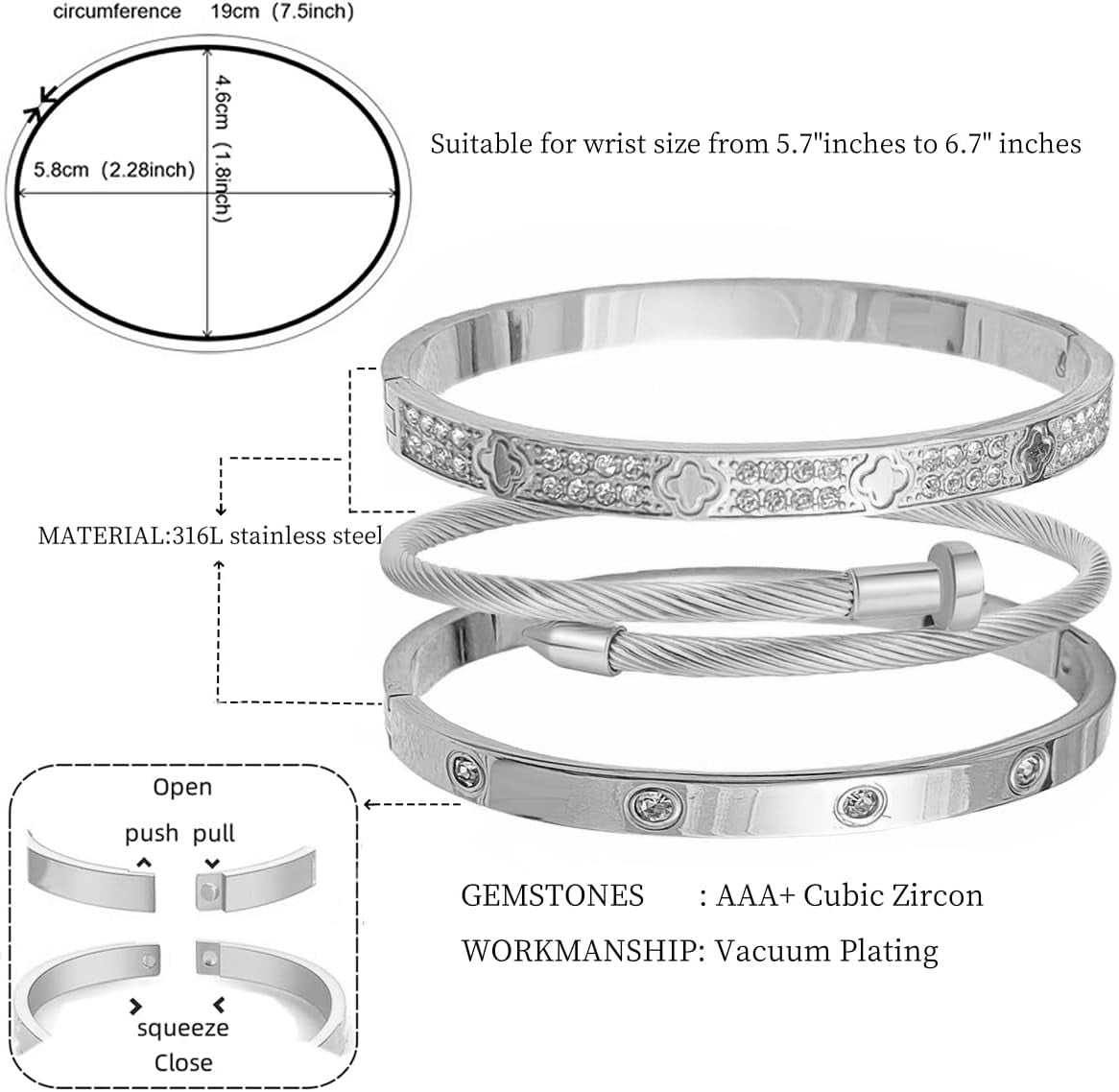 14/18K Gold Plated Bracelets Set for Women Clovers Bangle Love Bangle Cubic Zirconia Bracelet Stackable Bracelet Set