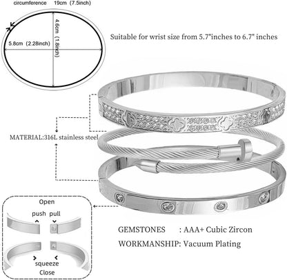 14/18K Gold Plated Bracelets Set for Women Clovers Bangle Love Bangle Cubic Zirconia Bracelet Stackable Bracelet Set