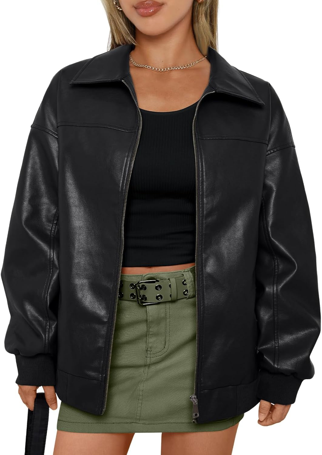 AUTOMET black oversized faux leather jacket front