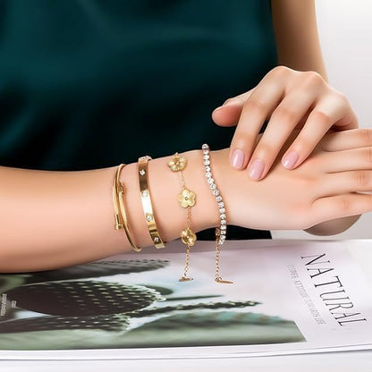 18K Gold Plated Floral Bangle Bracelet Set for Women - Elegant Love Design (4-Piece)