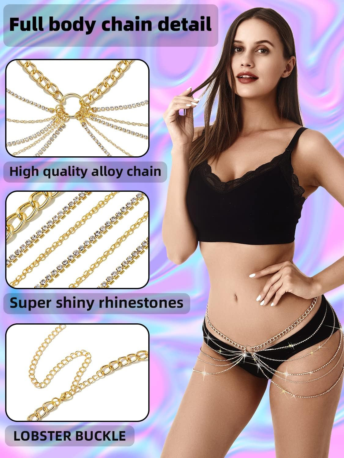 Rhinestone Body Chains Jewelry for Women and Girls Sexy Belly Waist Chain Bikini Beach Accessories Suitable for a Variety of Carnival Scenes