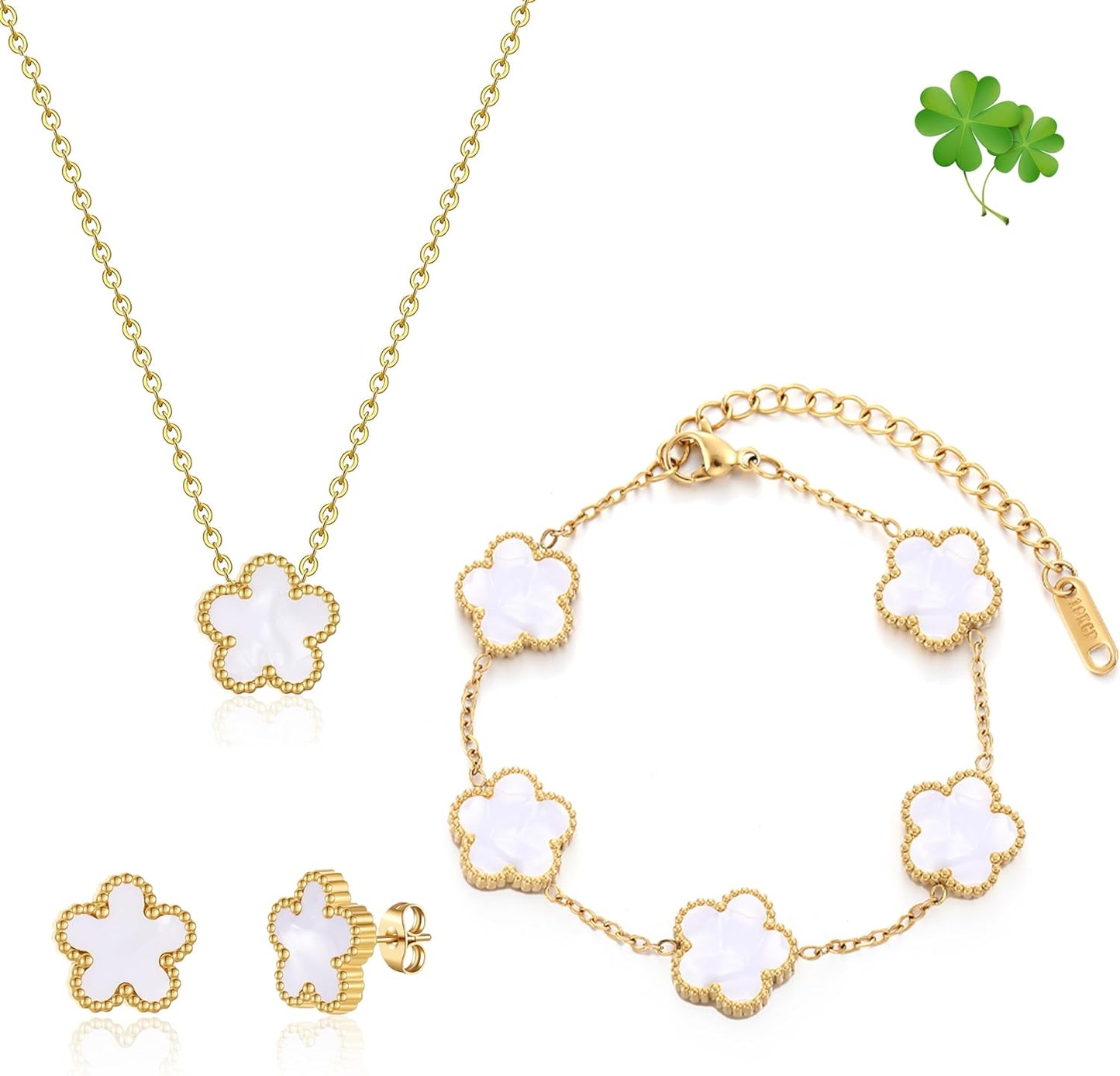 Four Leaf Clover Bracelet Set for Women - 18K Gold Plated Flower Lucky 4 Leaf Necklace Bracelet Earrings Jewelry Sets Gift for Women