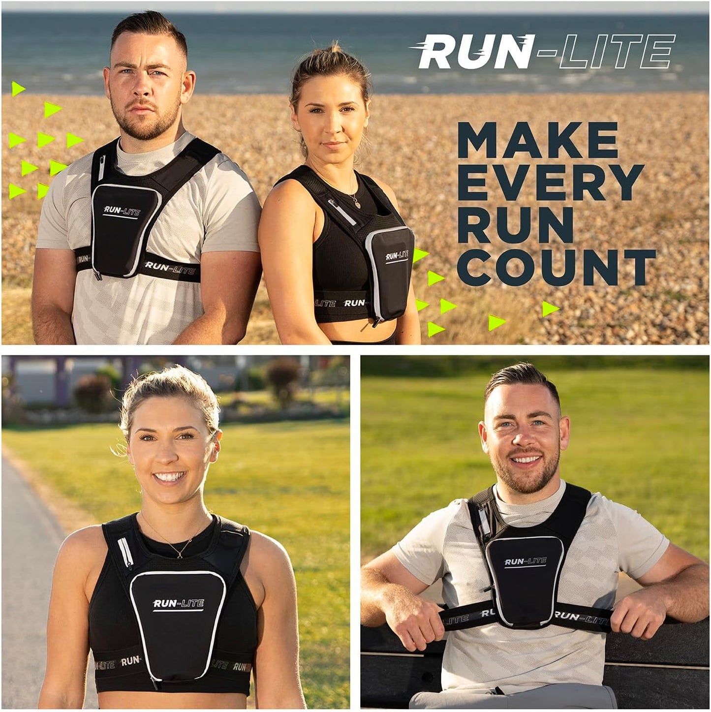Reflective running vest showing dual shoulder pockets for keys and gels