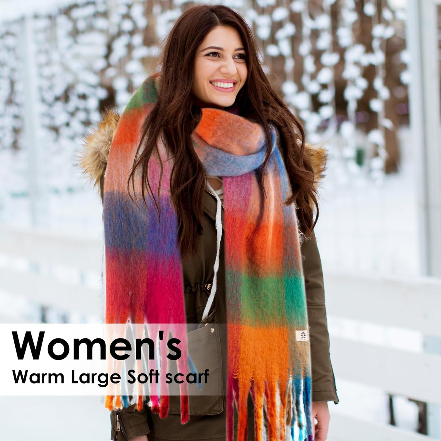 Womens Winter Scarf, Cashmere Feel Tassel Plaid Fashion Scarfs Colorful Plaid Long Shawl Large Scarves