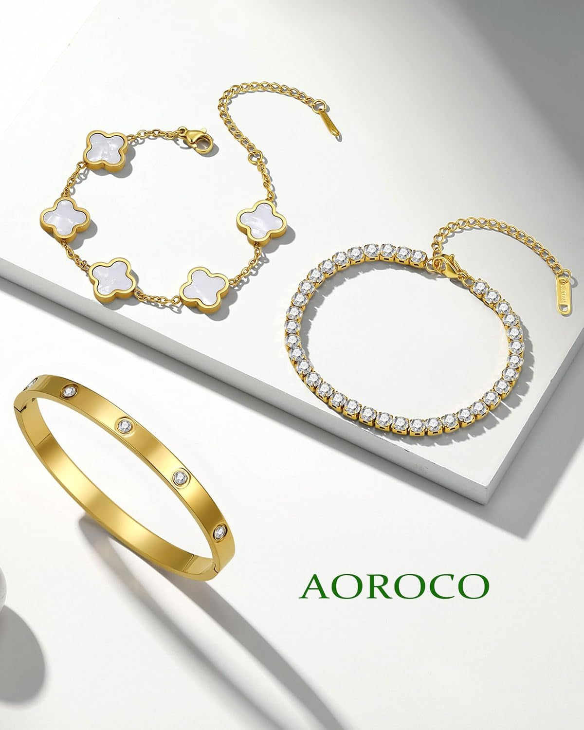 3Pcs 18K Gold Plated Love Bangle Clover Lucky Tennis Bracelets Set Non Tarnish Trendy Bracelet Jewelry Gifts for Women