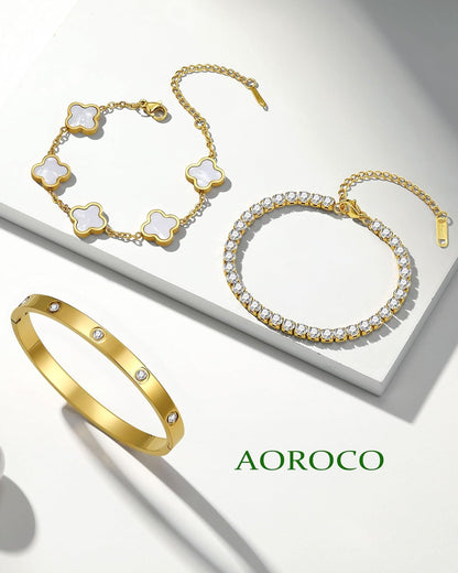 3Pcs 18K Gold Plated Love Bangle Clover Lucky Tennis Bracelets Set Non Tarnish Trendy Bracelet Jewelry Gifts for Women