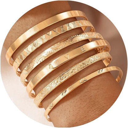 Women'S Stackable Gold Cuff Bangle Bracelets - Boho Retro Wide - Face Design with Graceful Temperament, Totem Embossed & Love Charm Sets, Ideal for Layered Styling and Festival Accessories