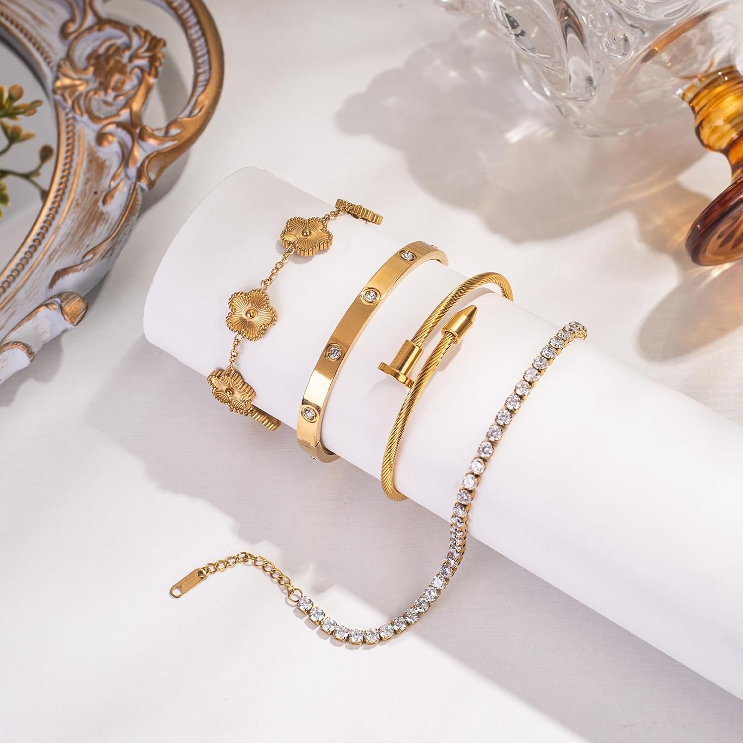 18K Gold Plated Nail Love Bangle Bracelet Set for Women Stackable Floral Clover Adjustable Tennis Bracelet Non Tarnish Gift Jewelry for Christmas Valentines Birthday Mother'S Day