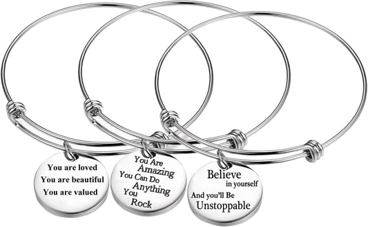 3 Pack Women Engraved Message Inspirational Words round Charm Bracelets Set Expandable Silver Plated Stainless Steel Motivational Bangle Bracelet