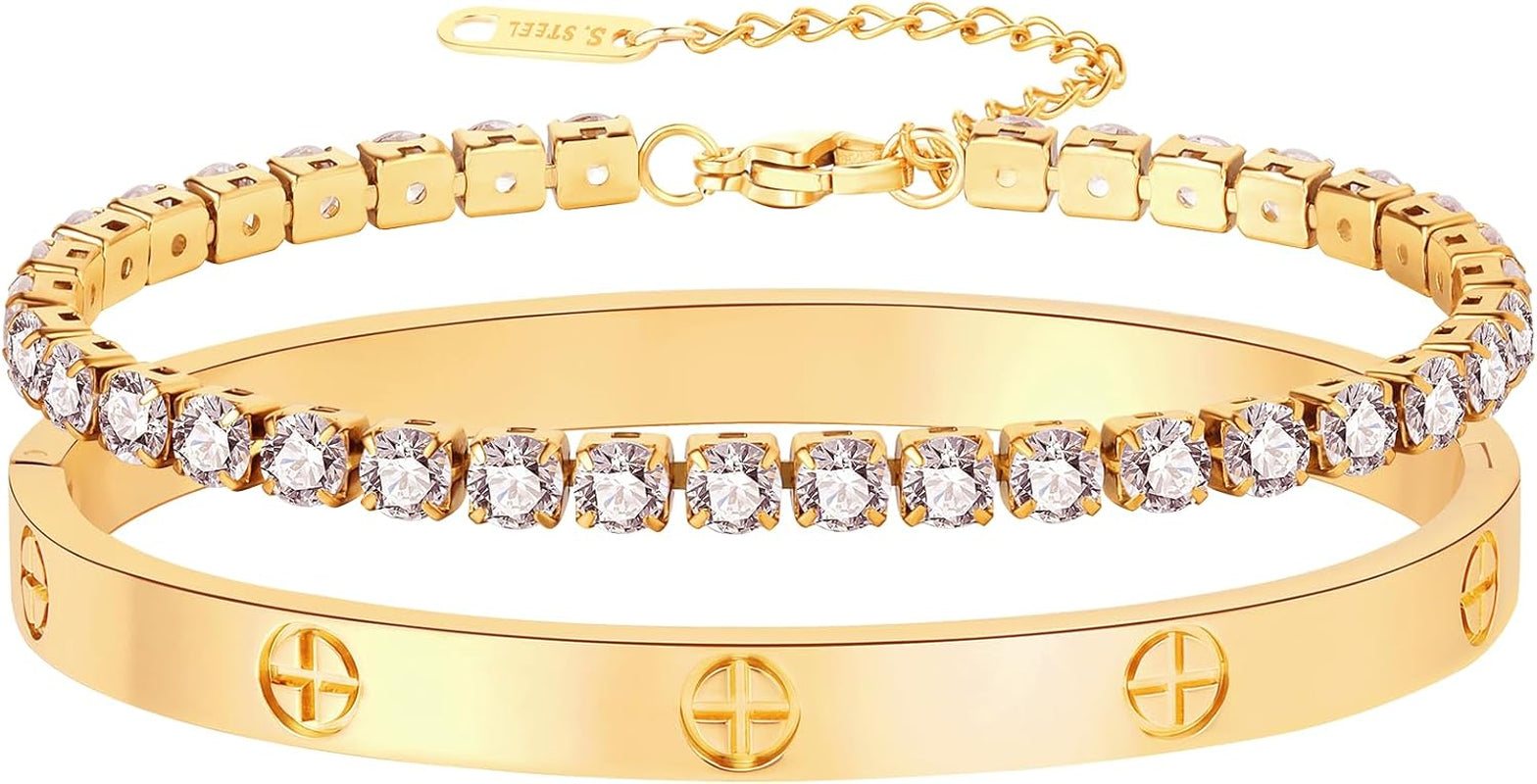 Christmas Gift MVCOLEDY Jewelry Gold /White Gold Plated Bangle Bracelet Heart Stone Stainless Steel with Crystal Bangle Bracelets for Women Jewelry Size 6.7 Inches