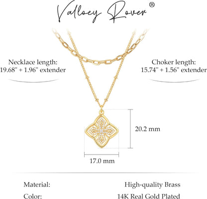 VALLOEY ROVER Gold Clover Necklace, Layered Necklaces for Women 14K Gold Plated Dainty Clover Pendant Necklace Set Link Chain Choker Necklaces Stackable Simple Gold Jewelry for Women