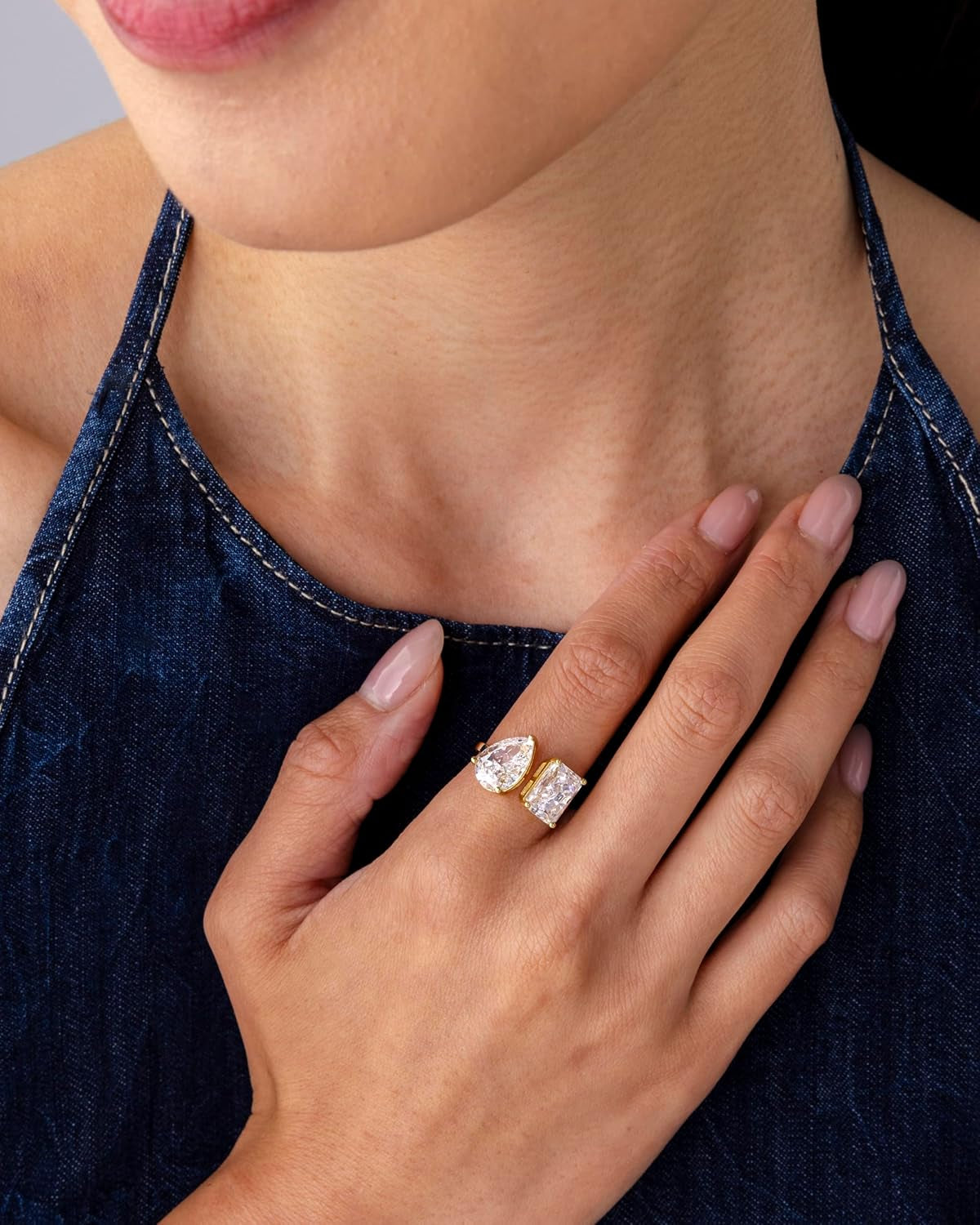 PAVOI 14K Gold Plated Toi Et Moi Radiant-Cut Pear-Shaped Cubic Zirconia Fake Wedding Engagement Ring for Women - Statement Promise Ring