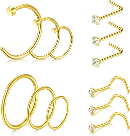 D.Bella Nose Rings 10Pcs 18G Nose Screw Rings Studs Surgical Steel Piercing Jewelry 2Mm Clear CZ Silver