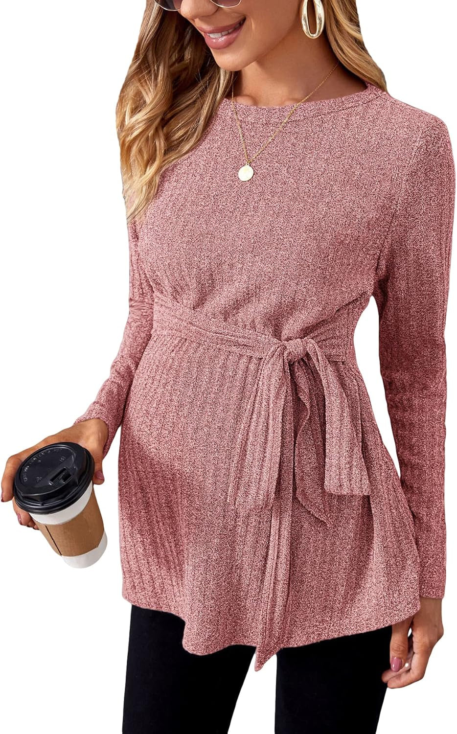 Makemechic Women'S Maternity Shirts Casual Long Sleeve Tie Front Ribbed Knit Pregnancy Tee Top