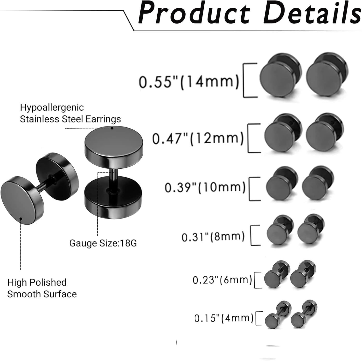 Aroncent 6 Pairs 4-14Mm Black Earrings for Men Women Fake Gauges Fake Earrings Stainless Steel Earrings Set