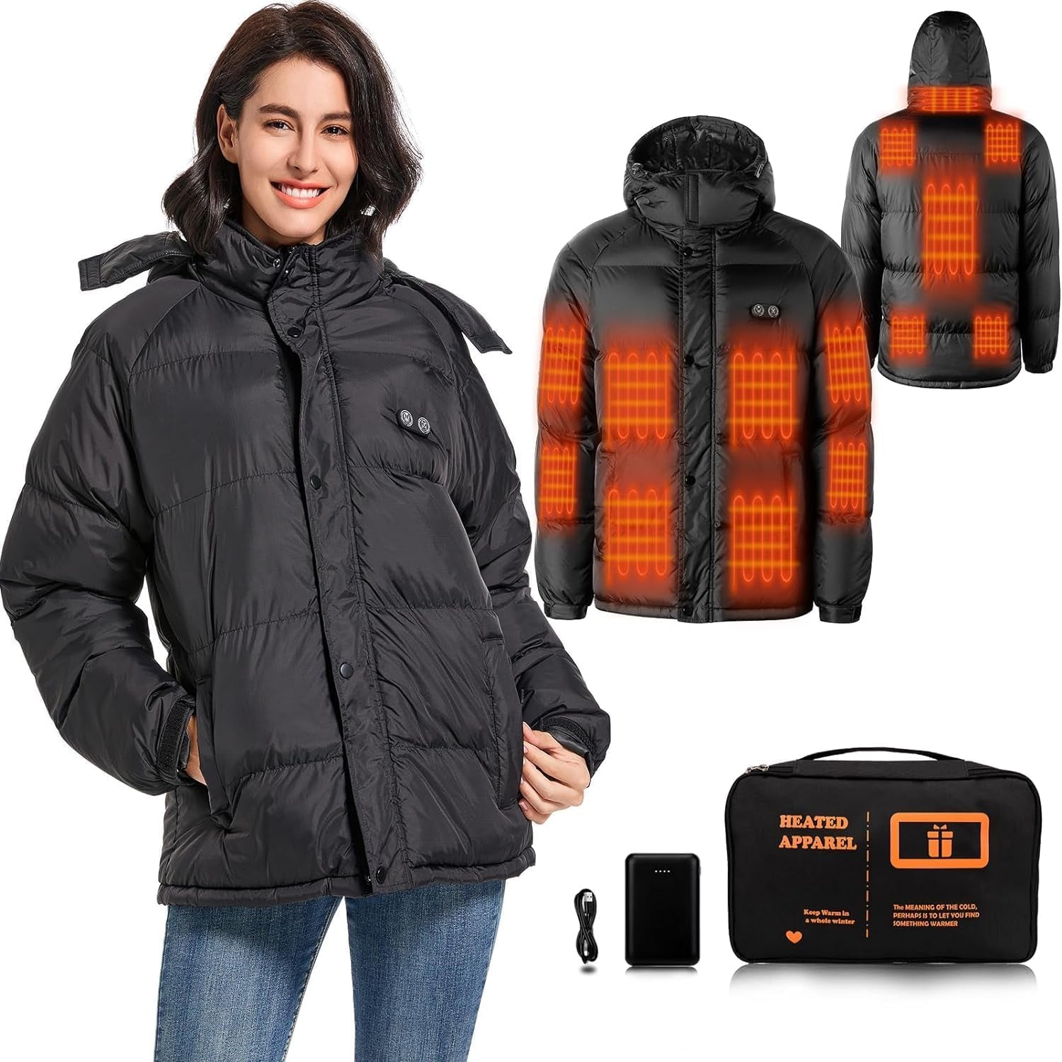 Women's heated jacket with 14 heating zones and battery pack