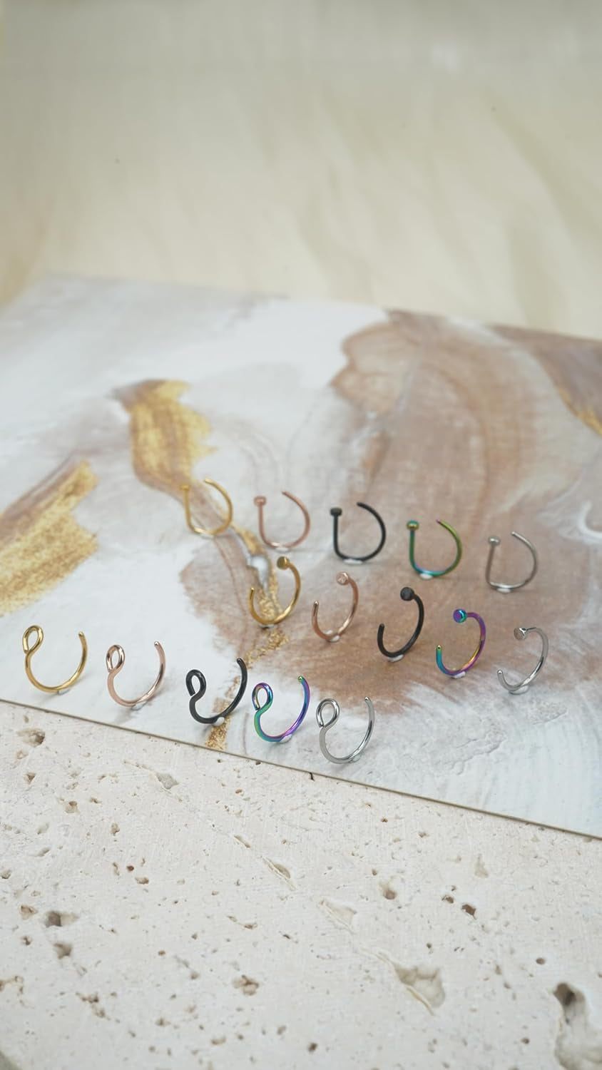 30Pcs 18G Hypoallergenic 316L Stainless Steel Fake Nose Hoop Rings for Women Fake Piercing Jewelry Hoop for Faux Lip Septum Colorful Nose Ring,8Mm/10Mm, Christmas,Birthday,Party,Wedding Jewelry