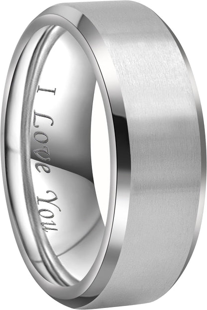 CROWNAL 4Mm 6Mm 8Mm Black/Silver Titanium Wedding Couple Bands Rings Men Women Matte Finish Beveled Edges Engraved I Love You Comfort Fit Size 4 to 16