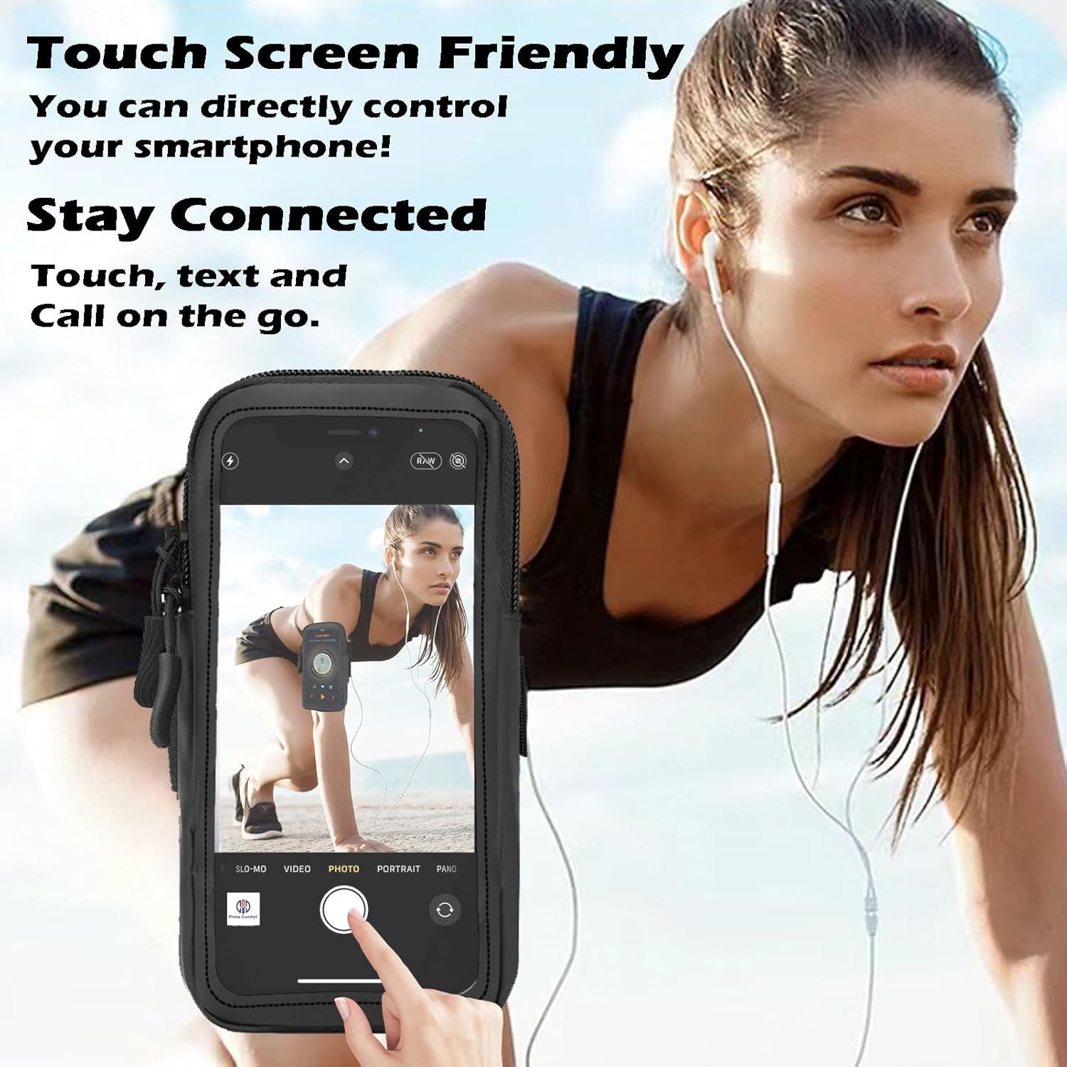 Crossbody phone pouch with strap worn during outdoor fitness activity