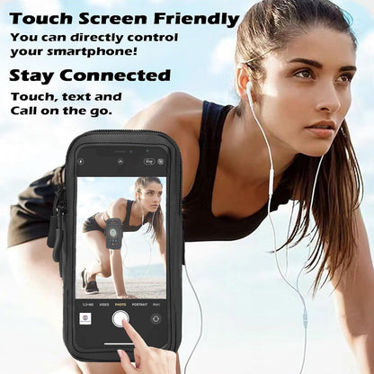 Crossbody phone pouch with strap worn during outdoor fitness activity