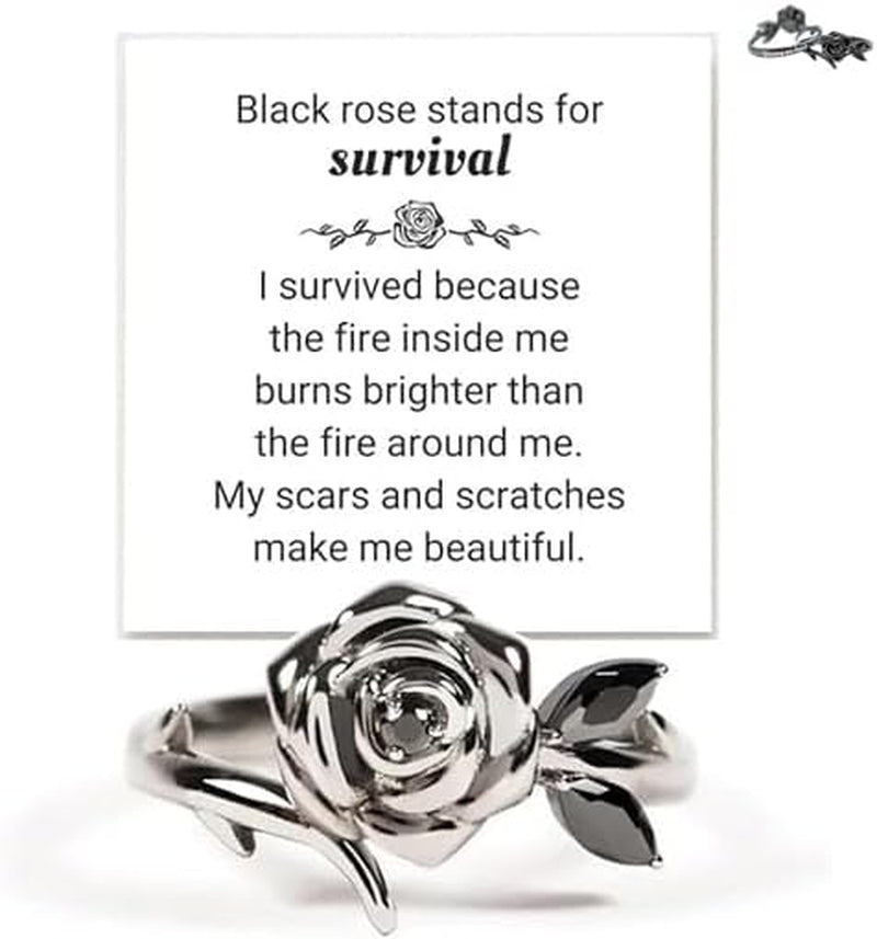 Black rose self-love ring with burned and survived inspirational design