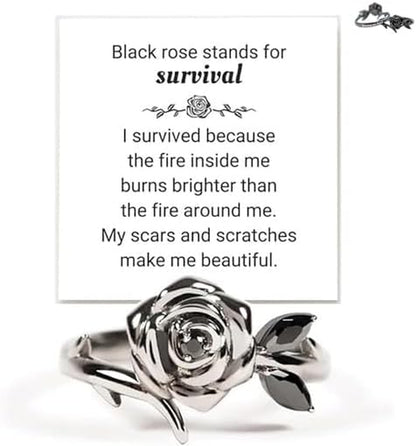 Black rose self-love ring with burned and survived inspirational design