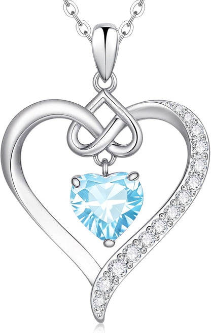 Heart Birthstone Pendant Necklaces for Women - Dainty 925 Sterling Silver Necklace 12 Month Birthstone Jewelry Birthday Anniversary Christmas Jewelry Gifts for Girlfriend Mom Daughter Lady Her