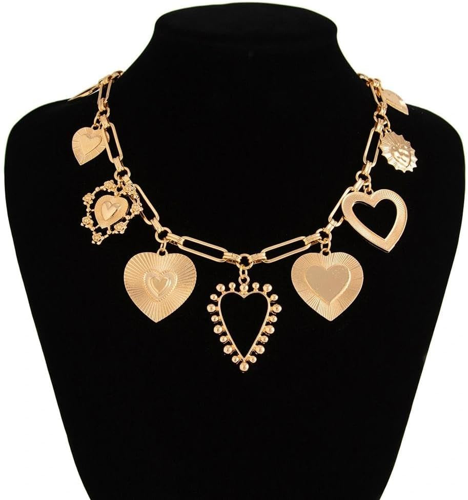 YOOESTORES82 Chunky Heart Pendant Charm Statement Necklace Gold Tone Layered Link Chain Necklaces for Women Romantic Trendy Jewelry Party Gift Glamorous Versatile
