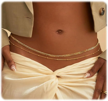ASCOMY Waist Chains for Women 14K Gold Plated 2Pcs Body Chains Layered Cuban Pearl Satellite Beads Rope Coin Heart Pendant Belly Belt Body Chains Adjustable Bikini Body Jewelry for Women