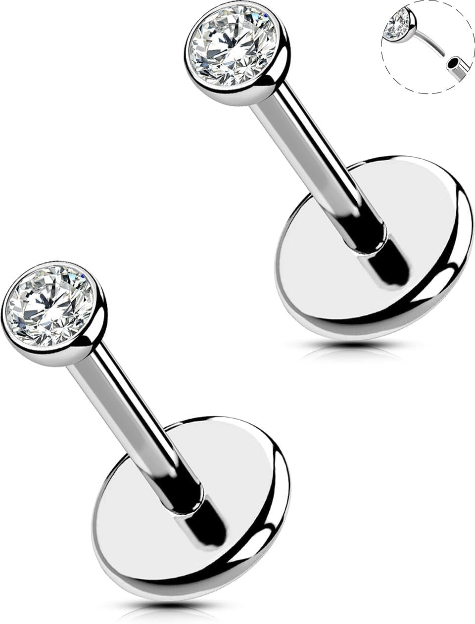 OUFER 2Pcs 20G/18G/16G G23 Titanium Threadless Nose Stud Earrings Flat Back Tiny CZ Small Nose Helix Cartilage Tragus Conch Labret Medusa Monroe Piercing Jewelry for Women Men