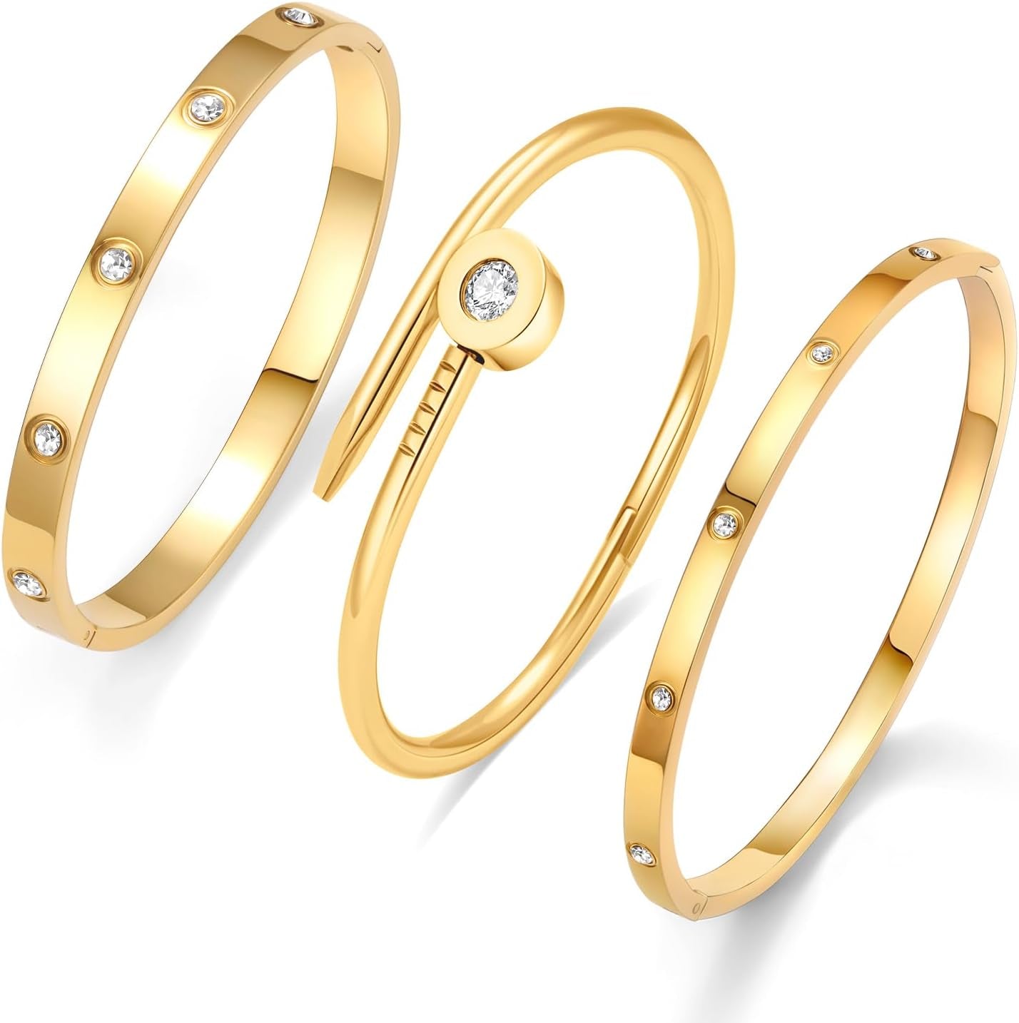 3Pcs Gold Bracelets for Women Stainless Steel Bangle Bracelet Set for Women Gold Love Bangle Non Tarnish Jewelry with Sparkling Crystal Inlay for Love Gifts