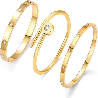 3Pcs Gold Bracelets for Women Stainless Steel Bangle Bracelet Set for Women Gold Love Bangle Non Tarnish Jewelry with Sparkling Crystal Inlay for Love Gifts