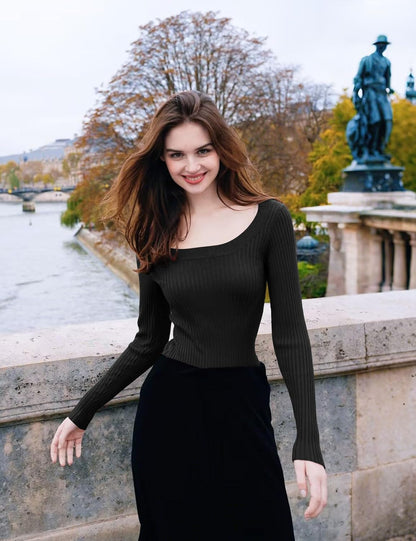 V28 Women Scoop Neck U-Neck Knit Long Sleeve Slim Fit Ribbed Sweater Tops