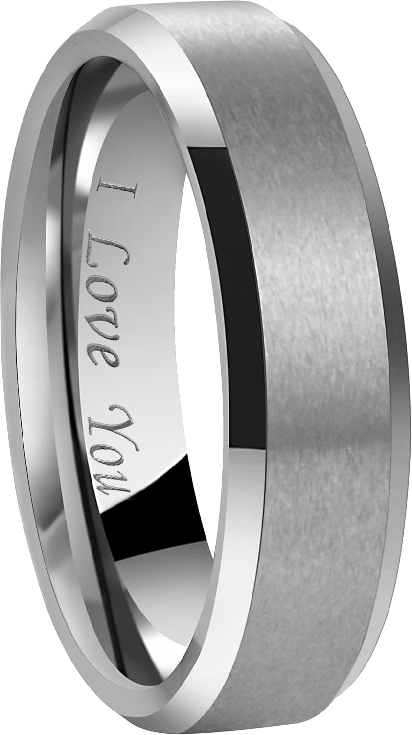 Crownal 4Mm 6Mm 8Mm Black/Silver/Gunmetal/Gold Tungsten Wedding Couple Bands Rings Men Women Matte Brushed Finish Center Engraved "I Love You" Size 4 to 17