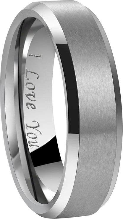Crownal 4Mm 6Mm 8Mm Black/Silver/Gunmetal/Gold Tungsten Wedding Couple Bands Rings Men Women Matte Brushed Finish Center Engraved "I Love You" Size 4 to 17