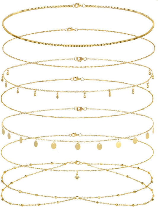 Tornito 8Pcs Waist Chain 18K Gold Plated Belly Chain Sexy Bikini Summer Beach Layered Satellite Beads Coin Sequin Octagram Star Box Chain Body Jewelry Gifts for Women Gold Silver Tone Adjustable