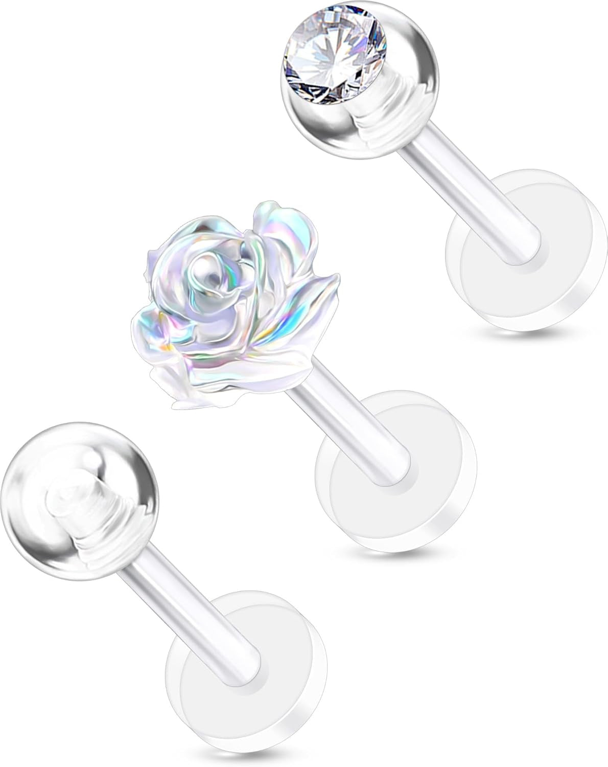 OUFER 3PCS Plastic Helix Piercing Jewelry, Clear Lip Piercing Retainers for Surgery, Cute Flower Lip Rings, 16G Flat Back Cartilage Tragus Lobe Earrings for Women and Men-8Mm