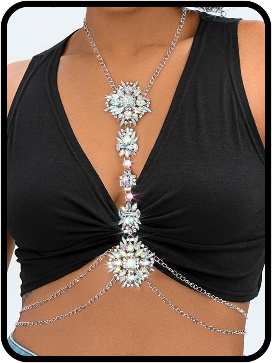 ELABEST Boho Rhinestone Statement Chest Chain Crystal Necklace Body Chain Summer Beach Body Jewelry Accessories for Women