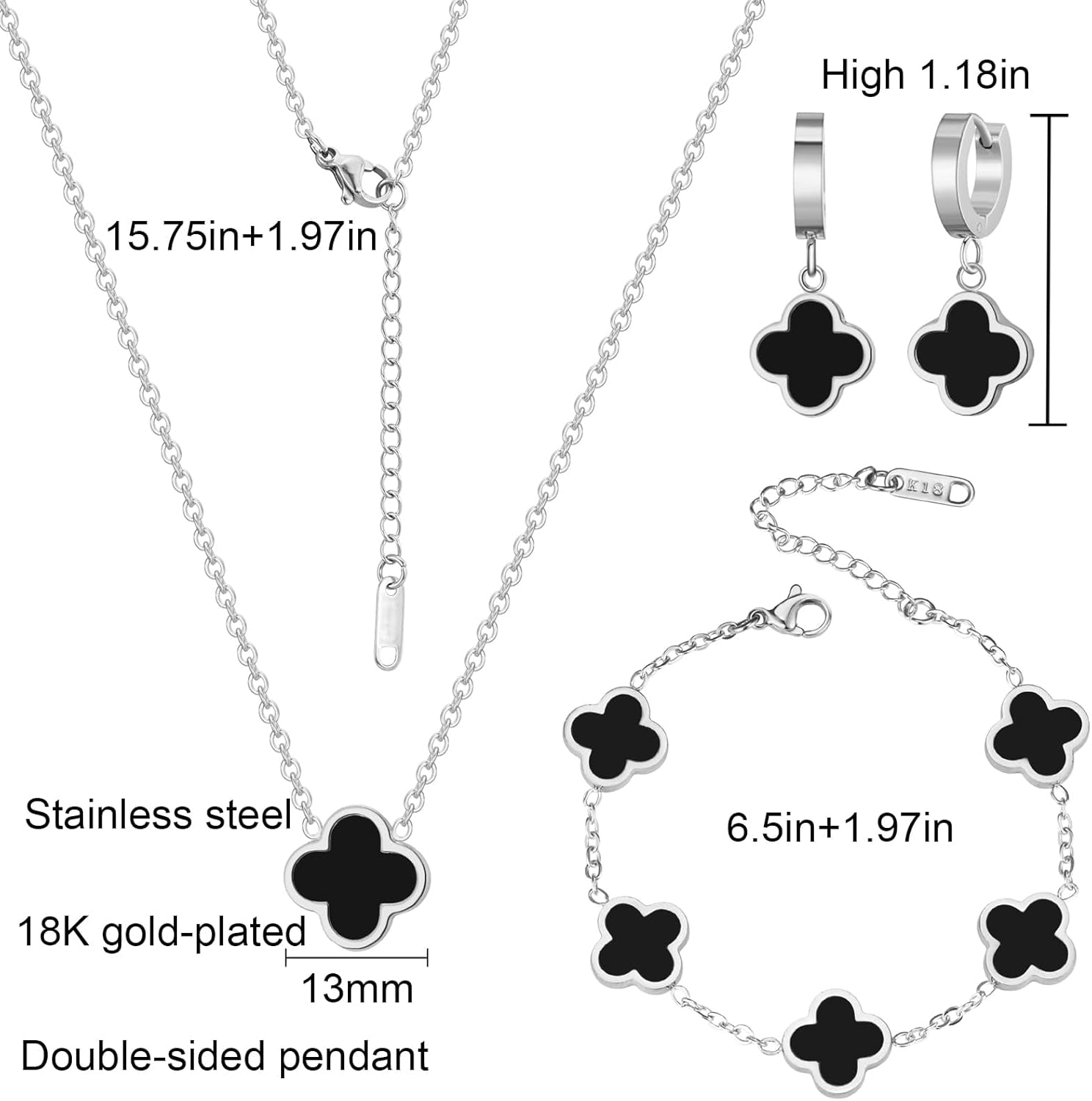 18K Gold Plated Lucky Clover Jewelry Set Black White and Red Four Leaf Clove Bracelet Necklace and Earrings Fashion Birthday Gifts for Women